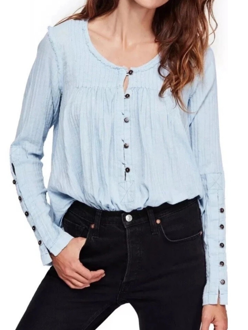 We The Free Free People Sand Dune Henley Pale Blue 100% Cotton Boho Large